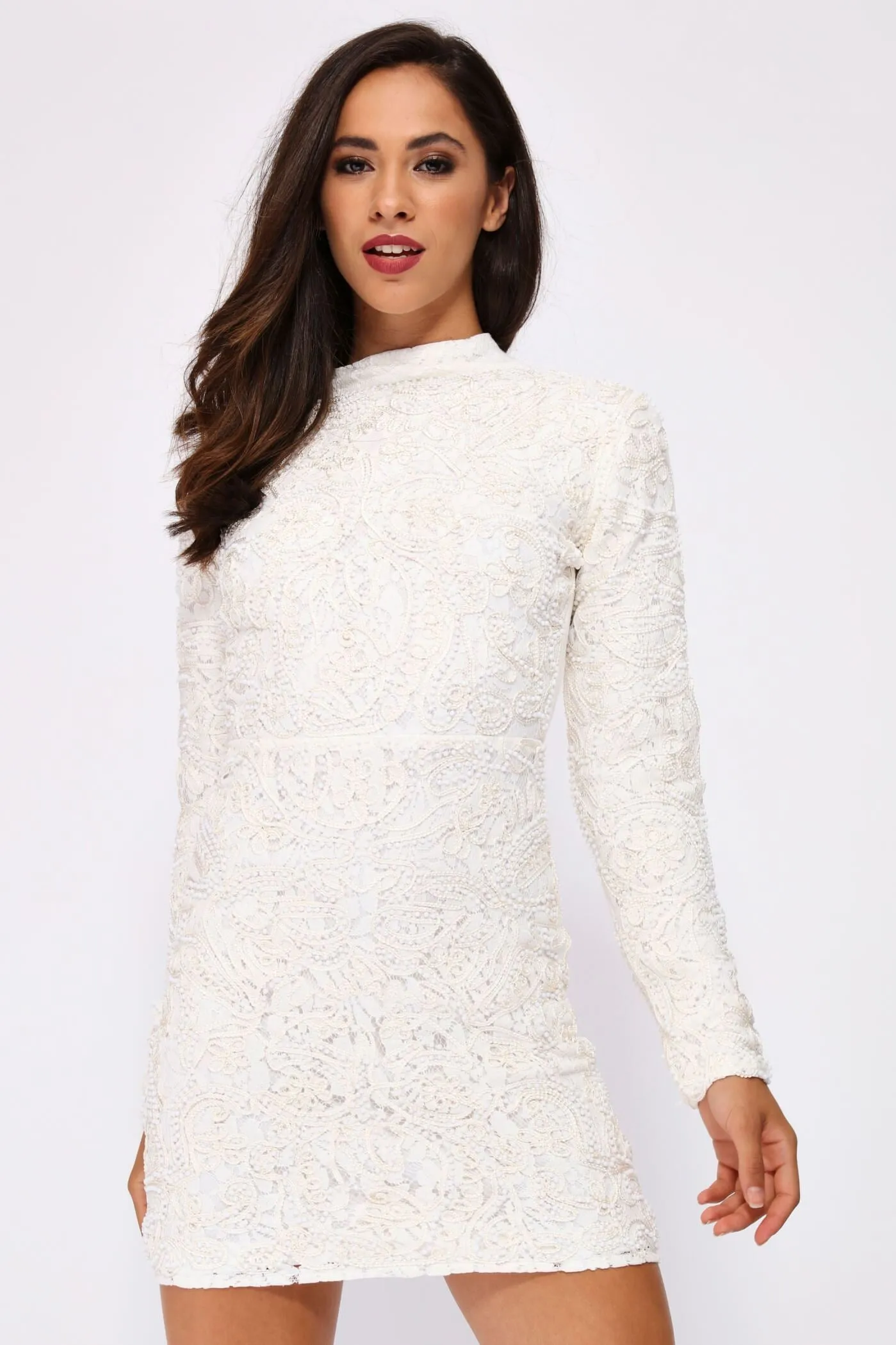 Cream Beaded Lace Dress