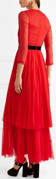 Crystal-Embellished Pleated Chiffon Midi Dress, Red