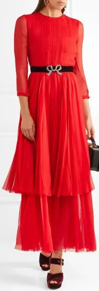 Crystal-Embellished Pleated Chiffon Midi Dress, Red