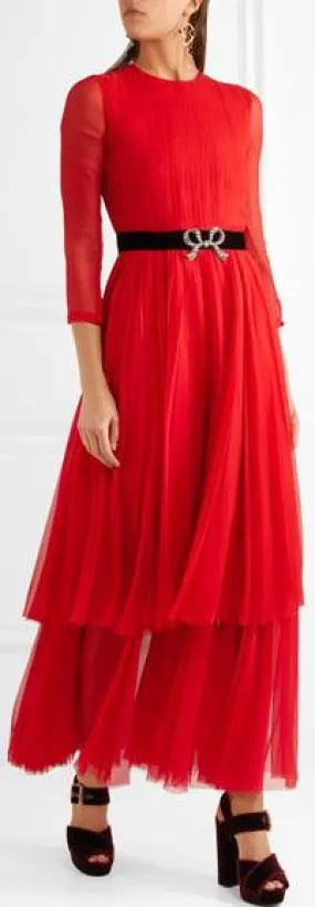 Crystal-Embellished Pleated Chiffon Midi Dress, Red