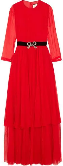 Crystal-Embellished Pleated Chiffon Midi Dress, Red