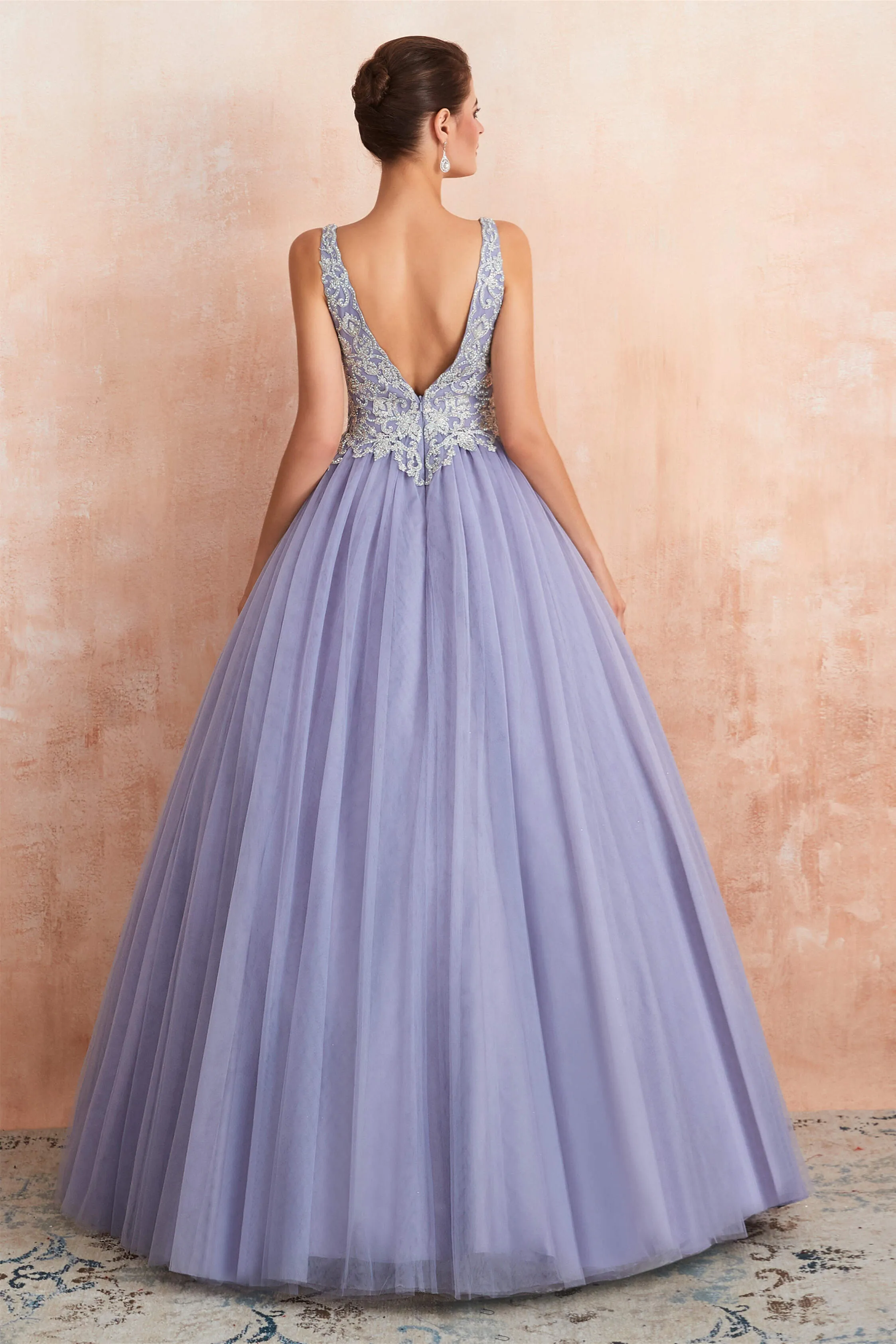 Deep V Neck Beaded Tulle Lavender Prom Dresses