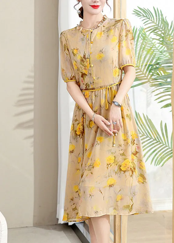 Elegant Yellow Ruffled Print Lace Up Chiffon Dresses Summer BB032