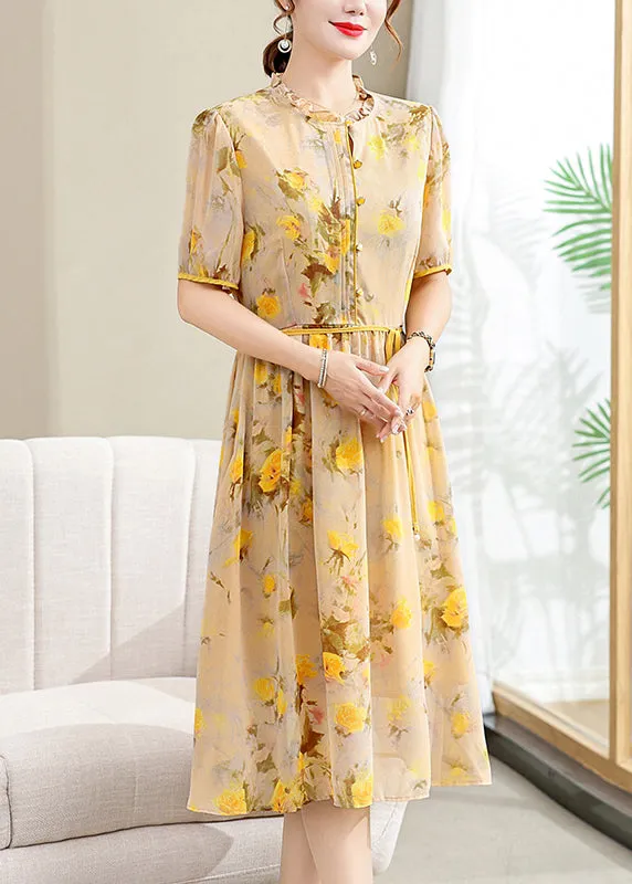 Elegant Yellow Ruffled Print Lace Up Chiffon Dresses Summer BB032