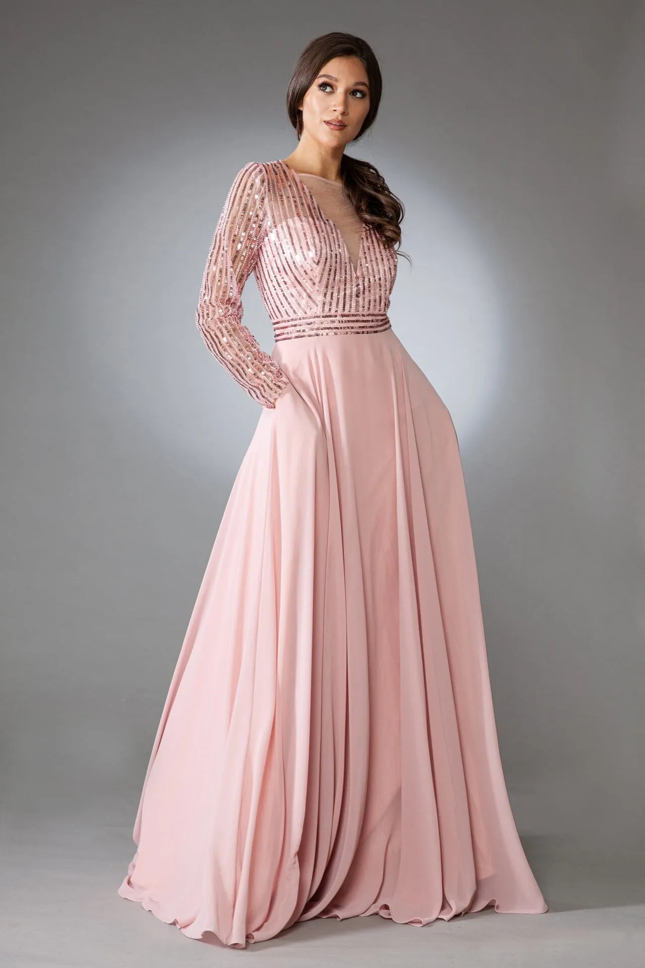 Embellished Long Sleeve Chiffon Gown by Amelia Couture 7036