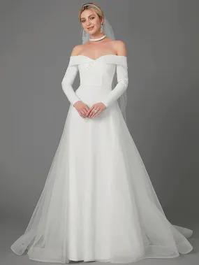 Engagement Formal Wedding Dresses Chapel  A-Line Long Sleeve Off Shoulder Chiffon With Criss Cross