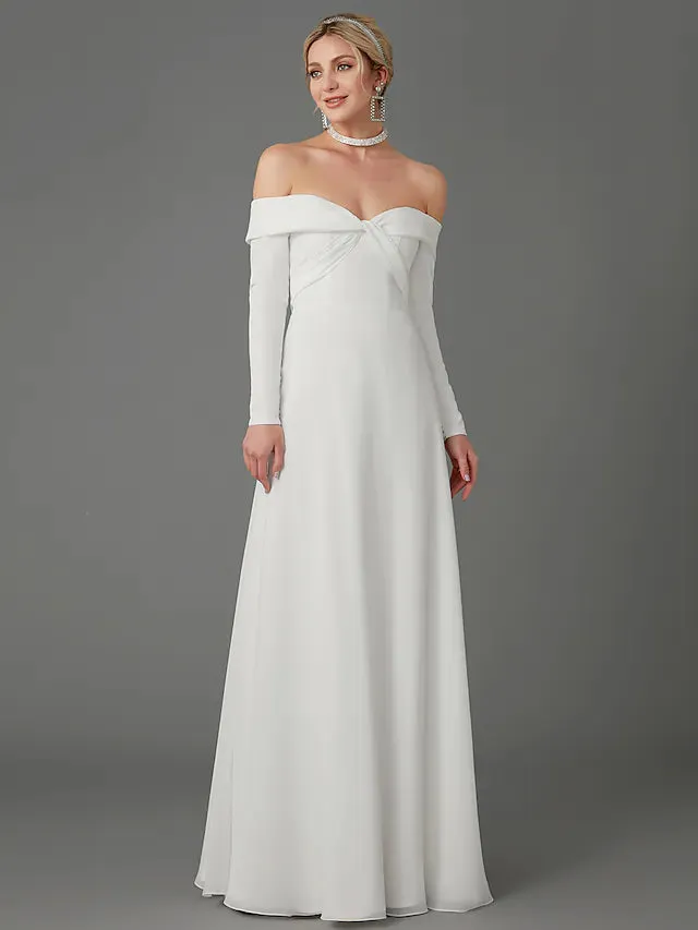 Engagement Formal Wedding Dresses Chapel  A-Line Long Sleeve Off Shoulder Chiffon With Criss Cross