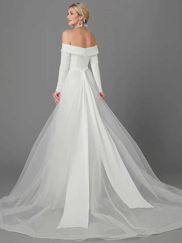 Engagement Formal Wedding Dresses Chapel  A-Line Long Sleeve Off Shoulder Chiffon With Criss Cross