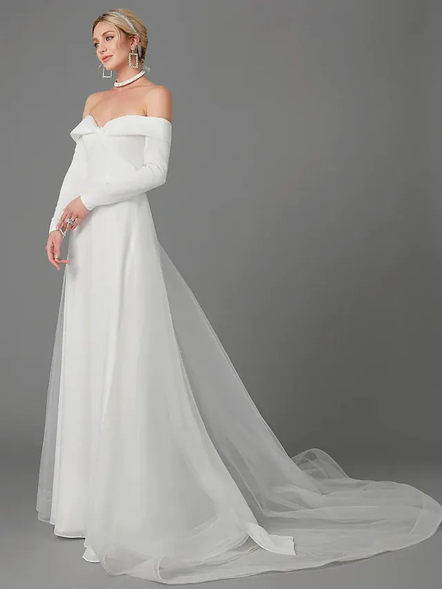 Engagement Formal Wedding Dresses Chapel  A-Line Long Sleeve Off Shoulder Chiffon With Criss Cross