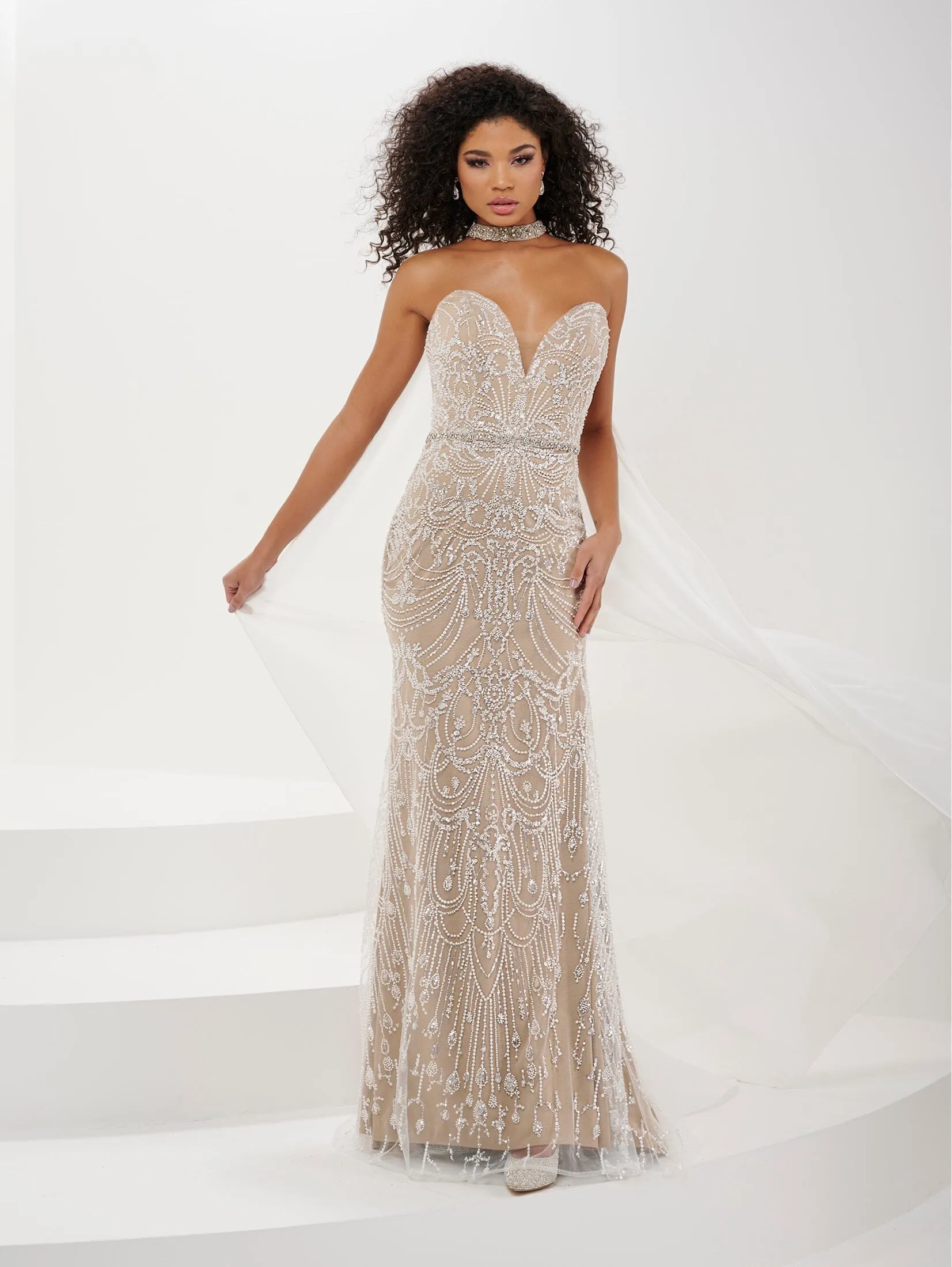 Fitted Beaded Tulle Strapless Cape Gown by Panoply 14189