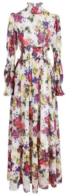 Floral-Printed Smocked Chiffon Gown