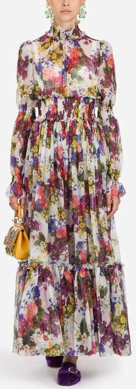 Floral-Printed Smocked Chiffon Gown