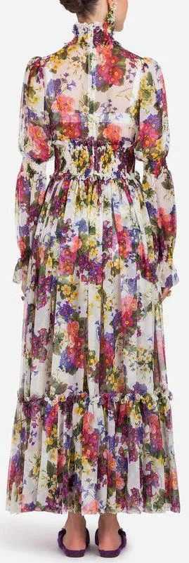 Floral-Printed Smocked Chiffon Gown