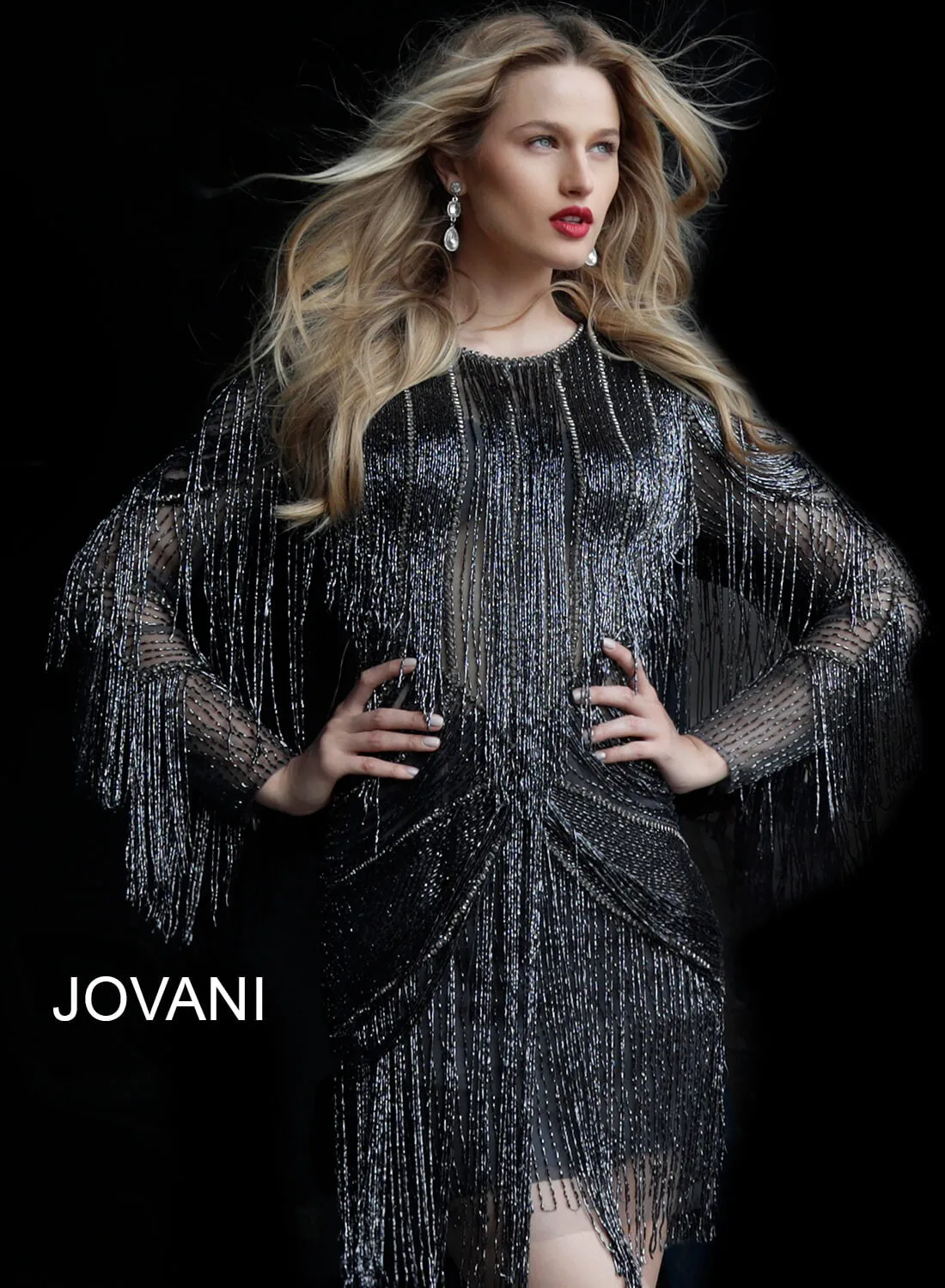 Fringe Long Sleeve Cocktail Dress by Jovani 61636