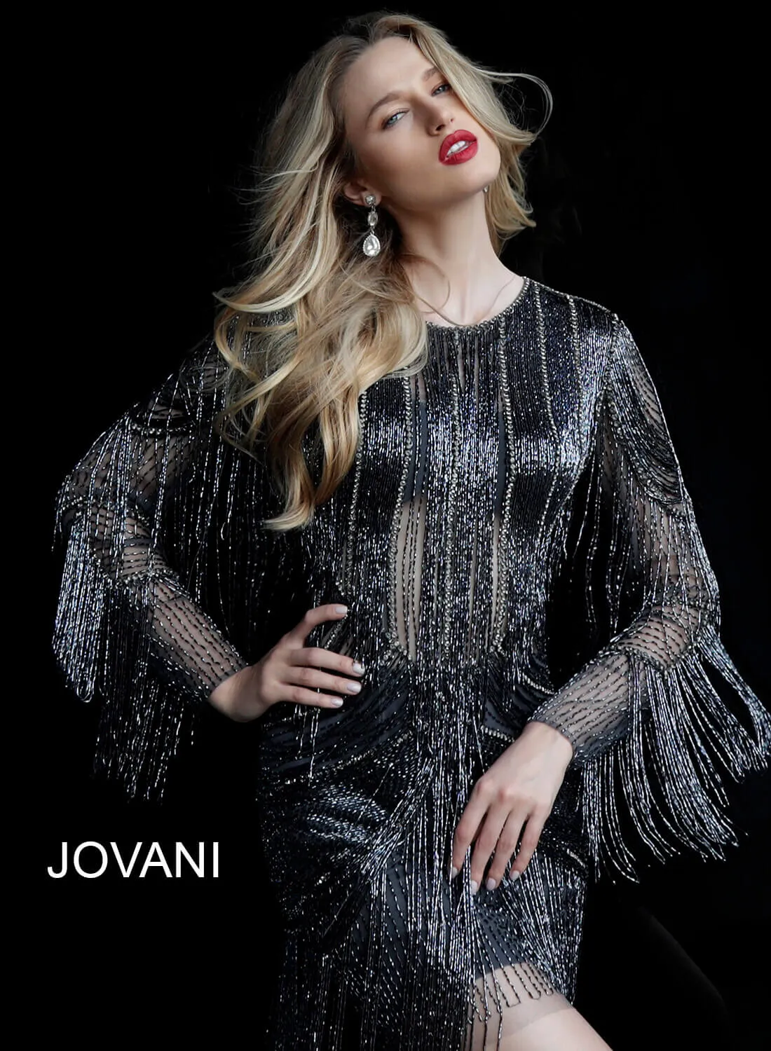 Fringe Long Sleeve Cocktail Dress by Jovani 61636