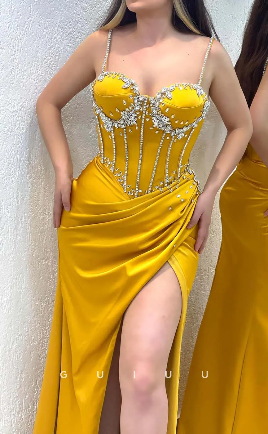 G3316 - Sweetheart Straps Beaded Pleats Yellow Long Party Prom Evening Dresses