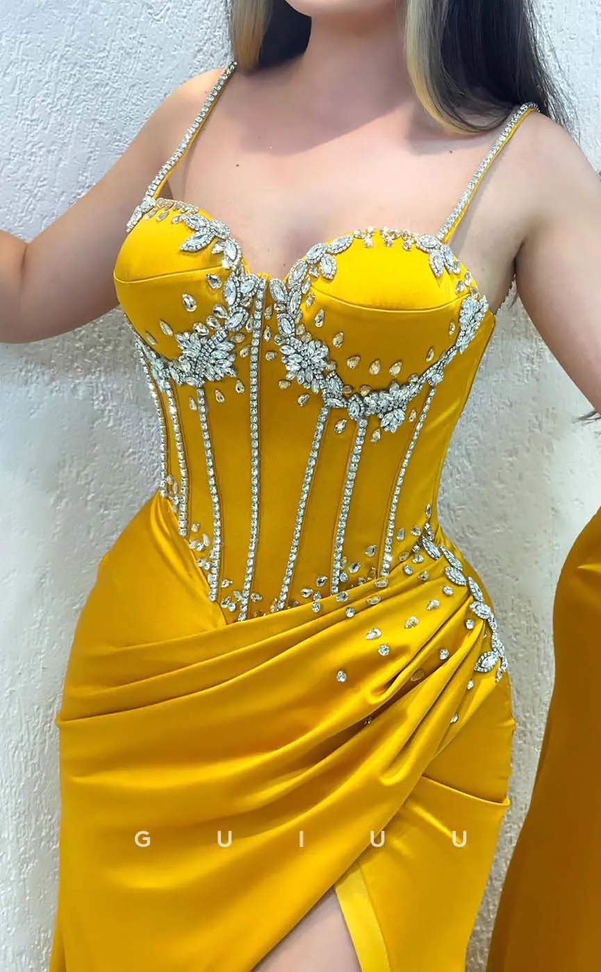 G3316 - Sweetheart Straps Beaded Pleats Yellow Long Party Prom Evening Dresses