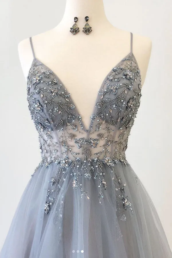 Grey Tulle Sparkly A-line V-neck Beaded Spaghetti Straps Long Prom Dresses, SP577