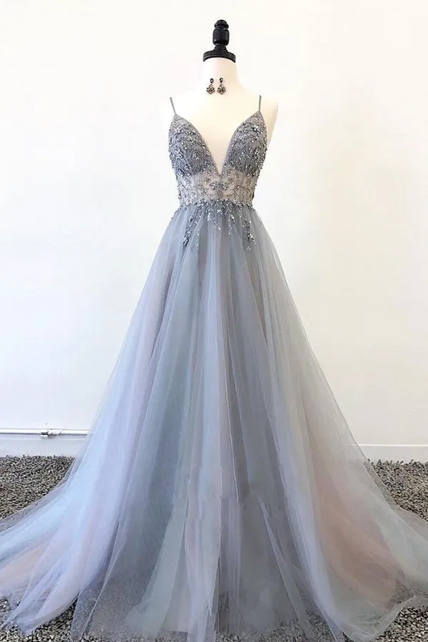 Grey Tulle Sparkly A-line V-neck Beaded Spaghetti Straps Long Prom Dresses, SP577