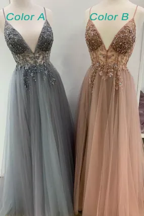 Grey Tulle Sparkly A-line V-neck Beaded Spaghetti Straps Long Prom Dresses, SP577