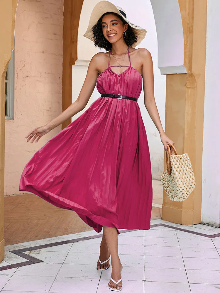 Halter Chiffon V Neck Sleeveless Midi Dresses