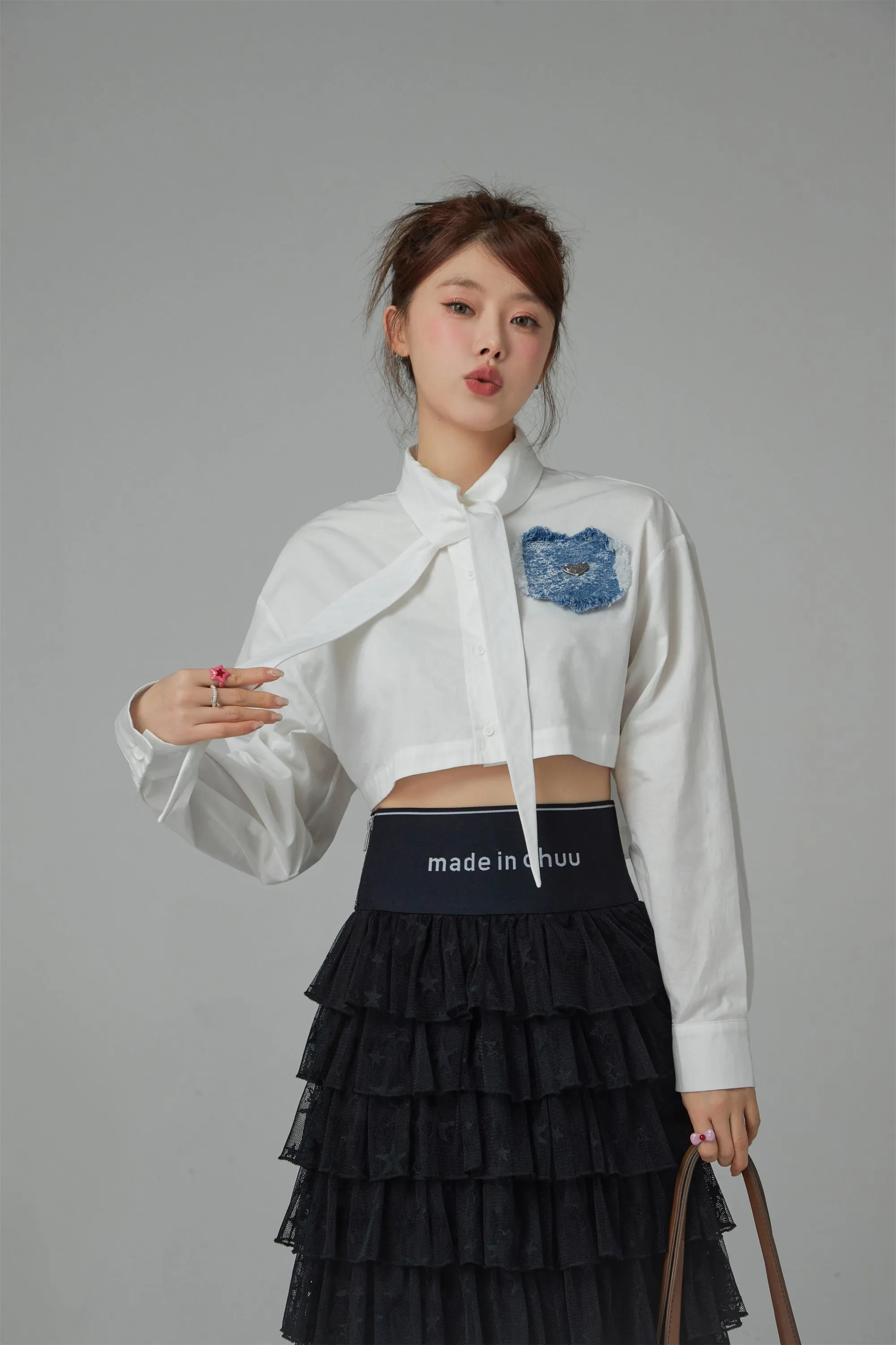 Heart Denim Pocket White Crop Shirt