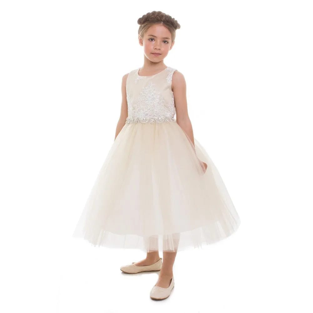 Little Girls Champagne Beaded Applique Flower Girl Dress 2T-6