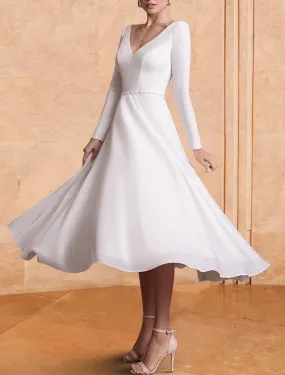 Little White Dresses Wedding Dresses A-Line V Neck Long Sleeve Tea Length Chiffon Bridal Gowns With Pleats Solid Color