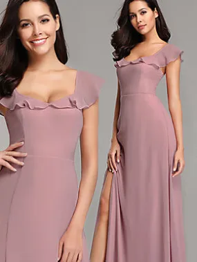 Long A-line Side Slit Purple Chiffon Bridesmaid Dresses