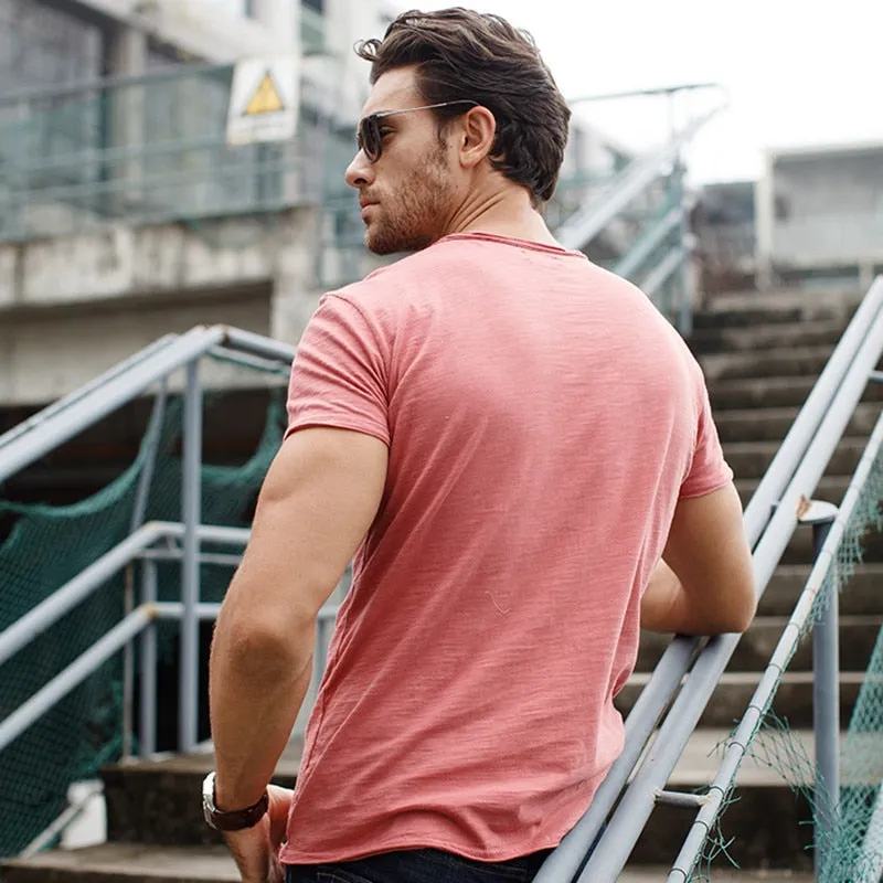 Men'S V-Neck Slim Fit Pure Cotton T-Shirt