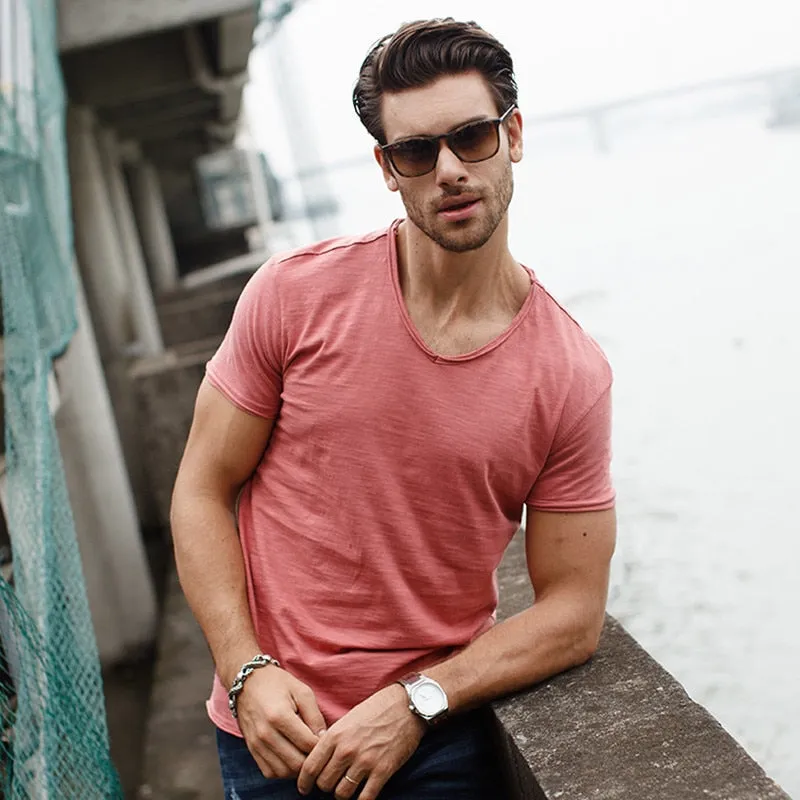 Men'S V-Neck Slim Fit Pure Cotton T-Shirt