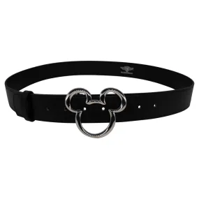 Mickey Ears Outline Silver Cast Buckle - 1.5 Inch Wide Black Vegan Leather Strap Belt