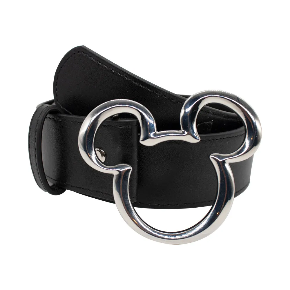 Mickey Ears Outline Silver Cast Buckle - 1.5 Inch Wide Black Vegan Leather Strap Belt