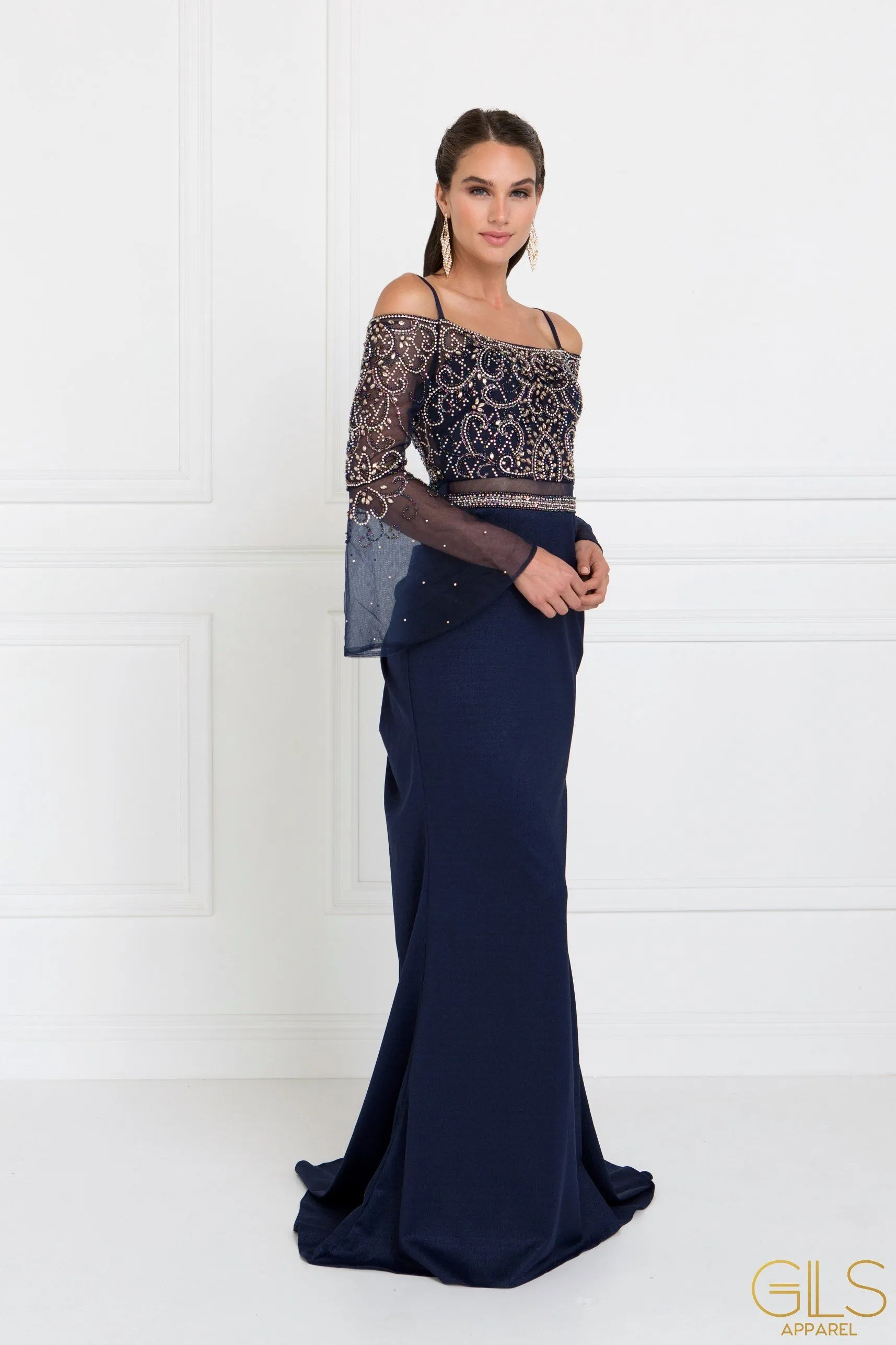 Navy Blue Long Beaded Cold Shoulder Dress by Elizabeth K GL1500