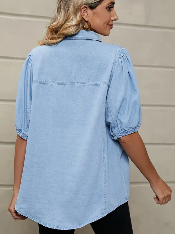 New Elastic Princess Sleeve Denim Shirt Casual Top