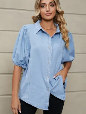 New Elastic Princess Sleeve Denim Shirt Casual Top