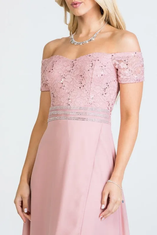 Pink Off Shoulder Waist Embellished Open Side Gown