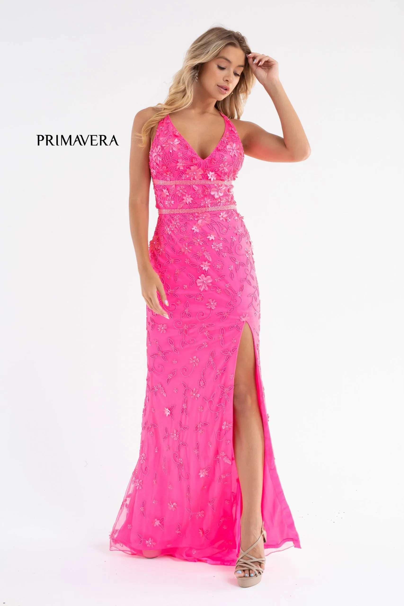 Primavera Couture 3746 Size 00, 6 Neon Pink 3D Flowers Prom Dress Beaded V Neckline Evening Gown Slit