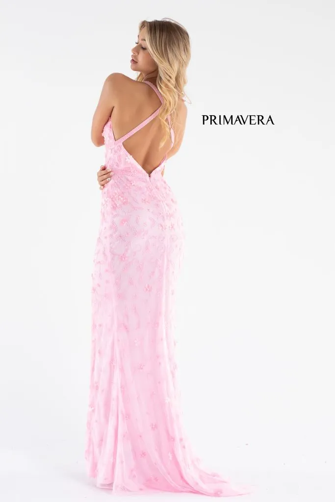 Primavera Couture 3746 Size 00, 6 Neon Pink 3D Flowers Prom Dress Beaded V Neckline Evening Gown Slit