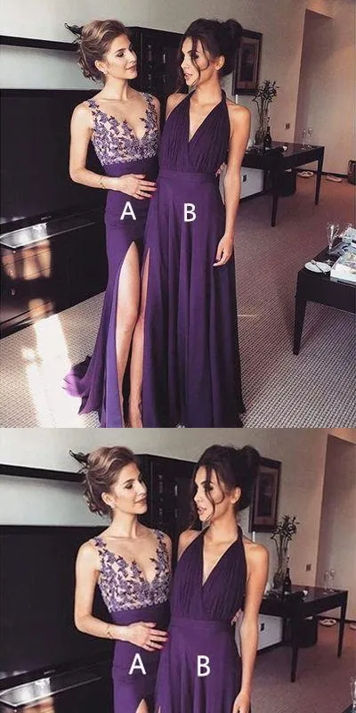 Purple Chiffon Side Slit Long Evening Prom Dresses, bridesmaid dresses,Wedding Party Dresses,WGY0126