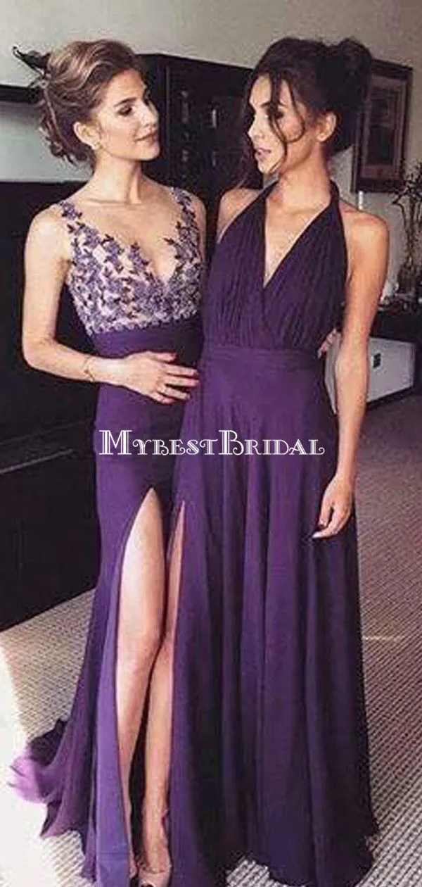 Purple Chiffon Side Slit Long Evening Prom Dresses, bridesmaid dresses,Wedding Party Dresses,WGY0126