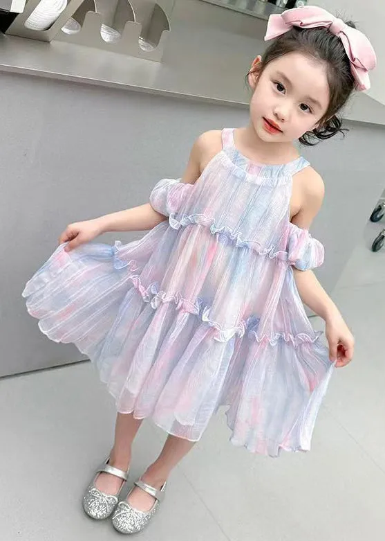 Purple Lace Up Chiffon Summer Kids Girls Dresses Ruffled EW063