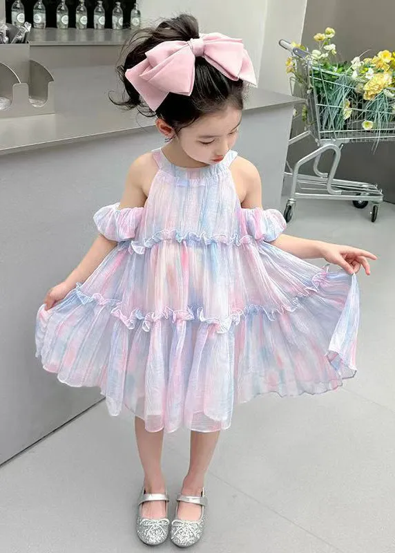 Purple Lace Up Chiffon Summer Kids Girls Dresses Ruffled EW063