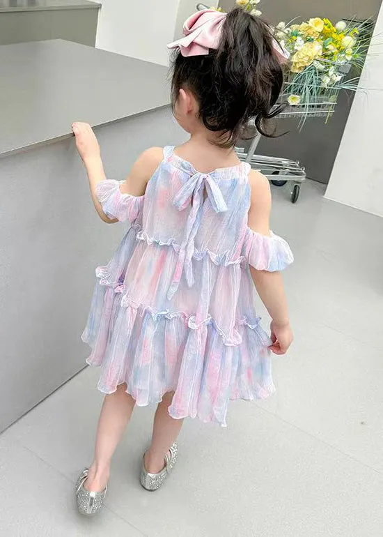 Purple Lace Up Chiffon Summer Kids Girls Dresses Ruffled EW063