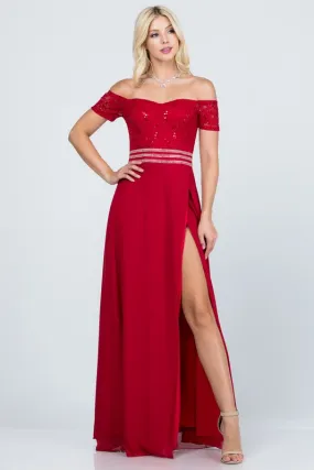 Red Off Shoulder Waist Embellished Open Side Gown