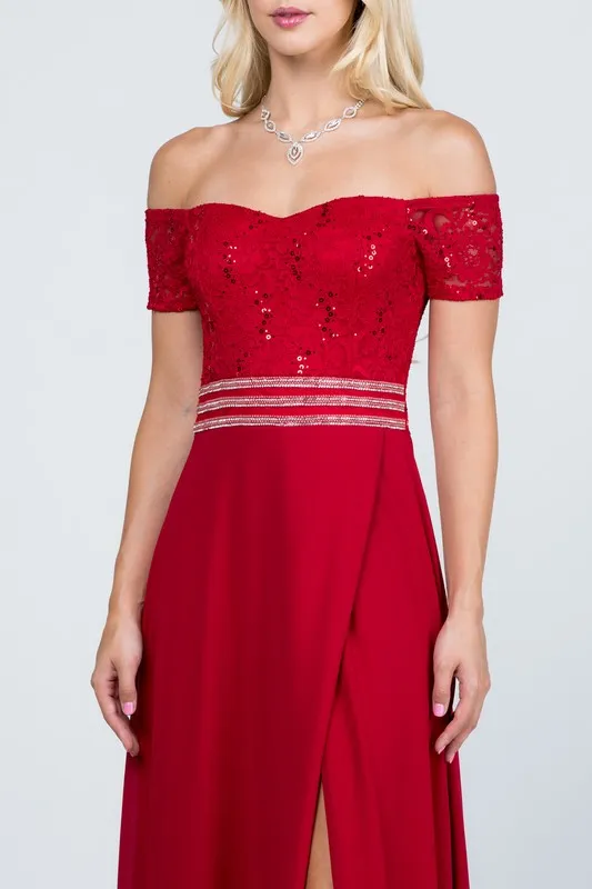 Red Off Shoulder Waist Embellished Open Side Gown