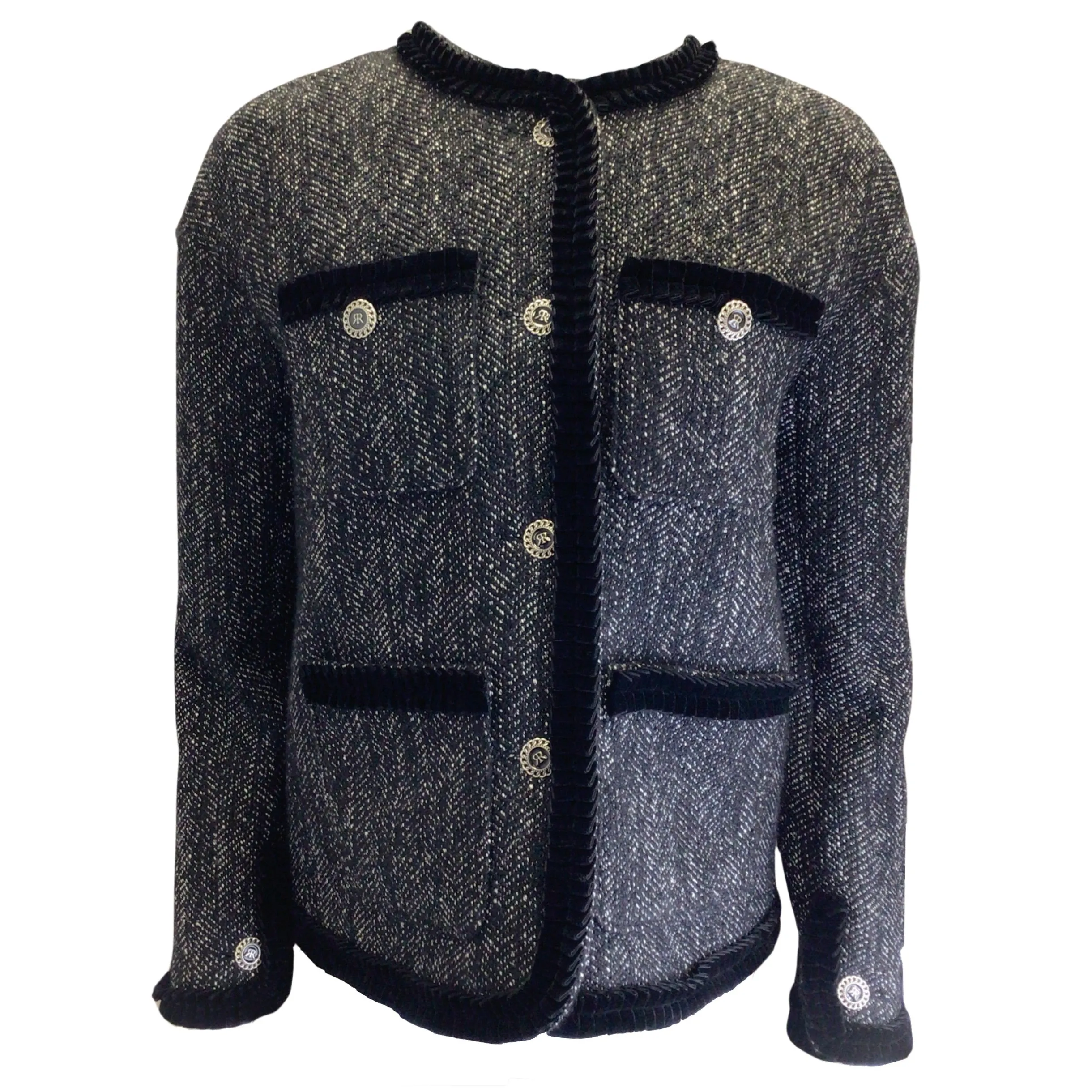 Rokh Black / White Velvet Trimmed Wool Tweed Jacket