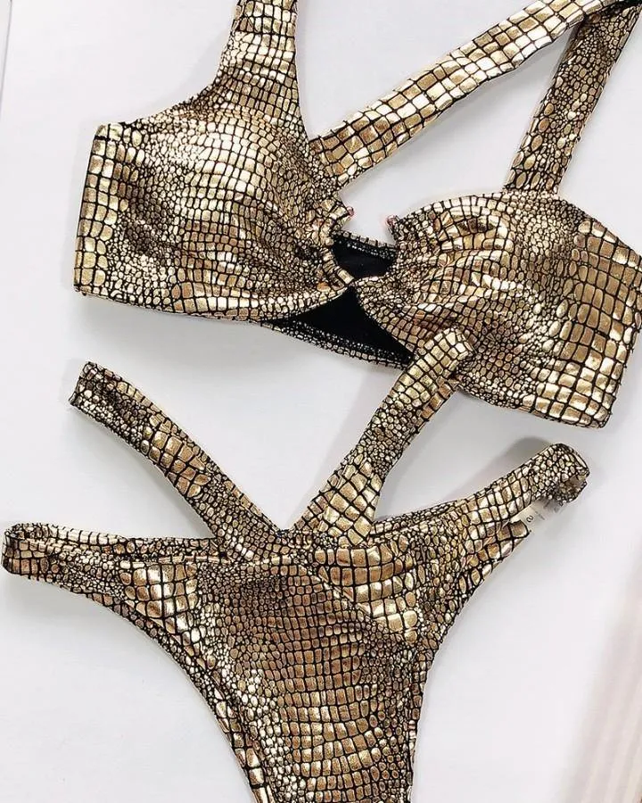 Snakeskin Shiny PU One Shoulder Tanks With Panties Bikini Sets