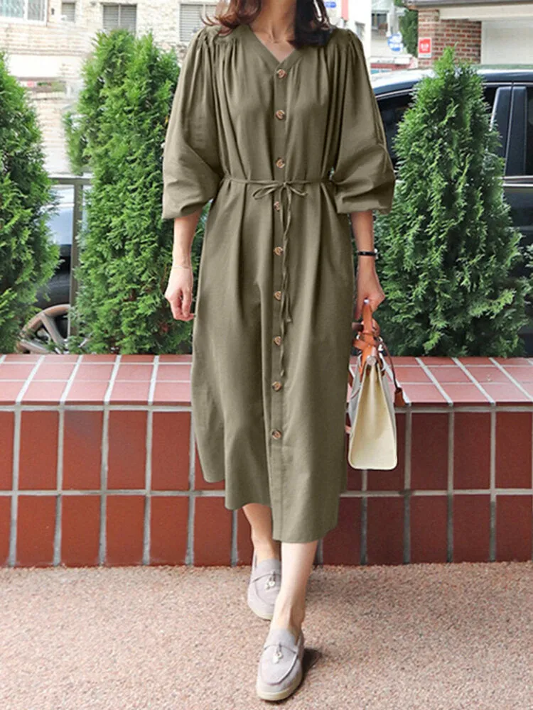 Solid Belt Button Long Sleeve V-neck Casual Shirt Dress