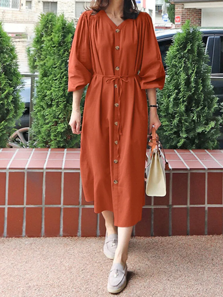 Solid Belt Button Long Sleeve V-neck Casual Shirt Dress